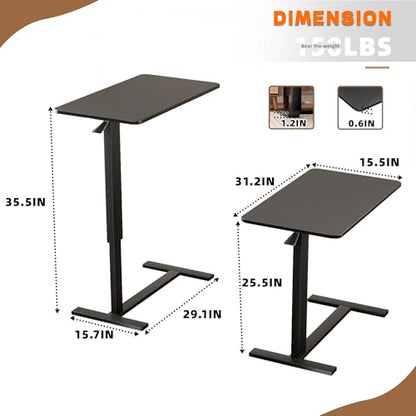 Adjustable Overbed Table with Wheels, Medical Bedside Table, Black | Alloy steel frame, 31.1"x15.3" walnut top, hydraulic 25.6-37.1", 50lb cap, C-base fits under bed, easy-clean, quiet casters - color: Black