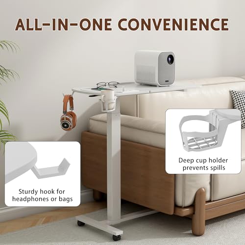 6 In 1 Overbed Table, 32'' Long Hospital Bed Table,Bedside Table (White) | 32'' Length, 0- 90°Adjustable Tilt, Standing Desk Charging Station, Cup Holder, Hook, 30''-43'' Height Home Hospital Office - color: White