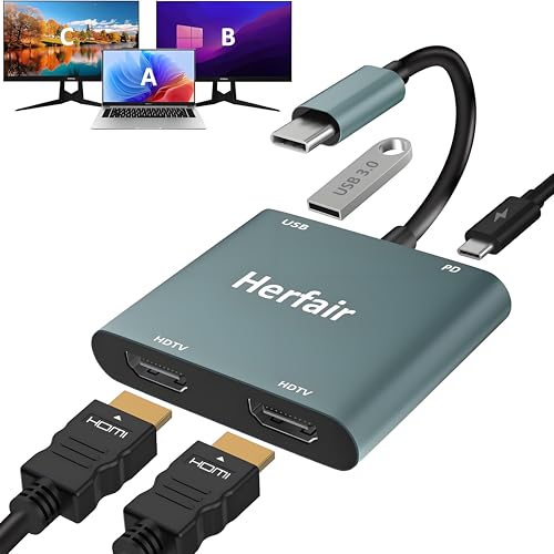 USB C to Dual HDMI Adapter 4K@30Hz, 4-in-1 USB C Hub Multiport Adapter,HDMI Splitter for Dual Monitors with 100W PD & USB 3.0 Port, Type-C to HDMI for USB-C Devices with DP Alt Mode