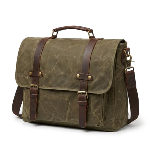 Men's Vintage Leather Messenger Bag 15.6 inch Laptop Briefcase, Waxed Canvas & Genuine Leather, Business Shoulder Satchel - color: Army Green