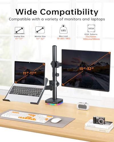 RGB Monitor and Laptop Mount Stand with 3 USB Ports, Charging and USB Data Transfer, Adjustable laptop stand for 13" to 32" Screen and 11"-17” Laptop, Holds 18lbs/Arm, 75x75/100x100 VESA, C-Clamp