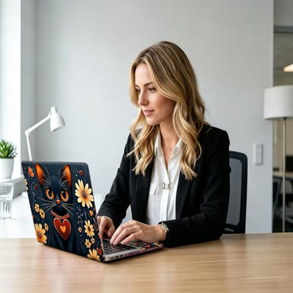 Black Cat with Heart Collar Floral Universal Laptop Skin Sticker 3PCS,Protective Decal Trim-to-Fit 11.6" 13.3" 14" 15.6" Laptop Vinyl Cover,Removable Anti-Scratch Computer Decal Protector - color: Black Cat with Heart Collar Floral