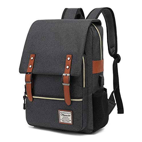 Mancio Vintage Slim Laptop Backpack for Women Men,Tear Resistant Business College Bag with USB Charging Port,Fits up to 15.6Inch Laptop in Black - color: Black