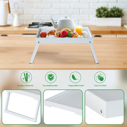 RRX Bamboo Bed Tray Table with Folding Legs, Breakfast Tray, 2 Pack (White) | Bed Trays for Folding Table Eating, Kitchen Serving, Food, Sofa, Snacking or Working, Laptop Desk Dinner, Snack Tray - color: White