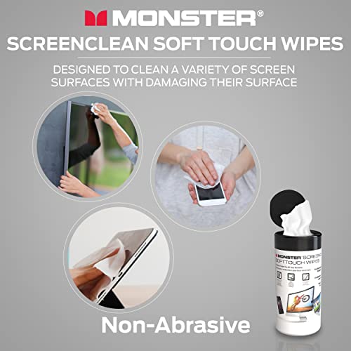 Monster ScreenClean Soft Touch Screen Cleaning Wipes, Electronics Cleaner for Phones, Tablets, Laptops, Monitors & TVs, Pre-Moistened Screen Wipes, 70 Count