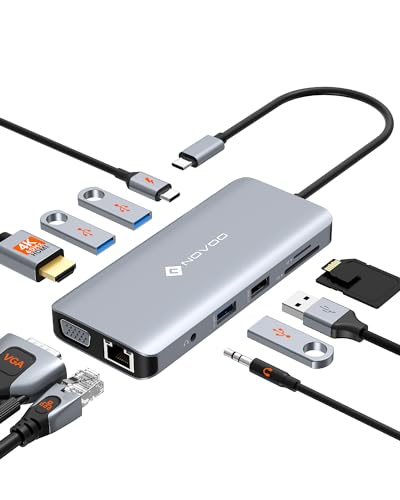 NOVOO USB C Hub, 11-in-1 Docking Station Multiport Adapter with 4K USB C to HDMI, VGA, Gigabit Ethernet, 100W PD, 3 USB-A 5 Gbps, MicroSD/SD Card Reader, Dock for Most Type-C Devices