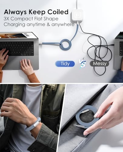 Magnetic 240W USB C to USB C Cable, Coiled USB Type C Cable Fast Charging for iPhone 15/15 Plus/15 Pro/15 Pro Max, MacOS, i-Pad Pro, Samsung Galaxy S24/S23/S22 Ultra, Switch 5FT Blue | Winding Cable Fast Charging for iPhone 17/16/15 Plus/15 Pro/15 Pro Max