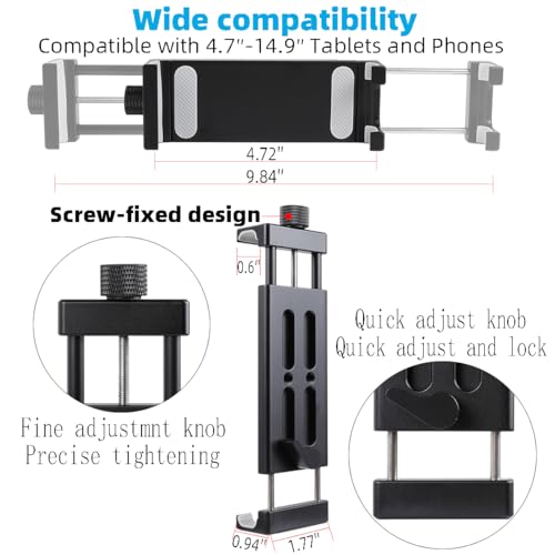 Aluminum Dual Arm Tablet Mount with Super Clamp for Rails 0.5'' to 2'' in Diameter, Side Mount Tablet Holder for Mic Stand, Compatible with iPad Pro 12.9 Air Mini, Galaxy Tab, 4.7-12.9" Tablets