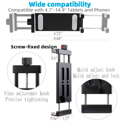 Aluminum Dual Arm Tablet Mount with Super Clamp for Rails 0.5'' to 2'' in Diameter, Side Mount Tablet Holder for Mic Stand, Compatible with iPad Pro 12.9 Air Mini, Galaxy Tab, 4.7-12.9" Tablets