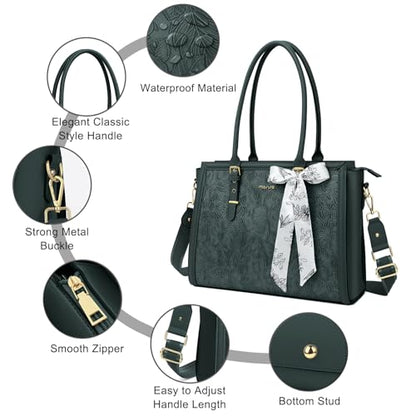 MOSISO Laptop Bag for Women, 15.6-16 inch PU Leather Tote Bag | Compatible with MacBook, HP,Dell,Asus, Front Embossed Retro Hibiscus Computer Bags with Silk Scarf&Clutch Purse,Emerald Green - color: Emerald Green, size: 16 inch