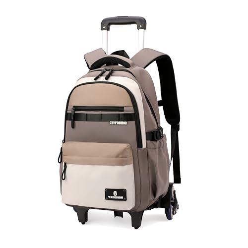 ZHANAO Rolling Backpack for Boys Color-blocking Schoolbag for Middle School Students Trolley Bookbags for Elementary Boys - color: Brown-6 Wheels