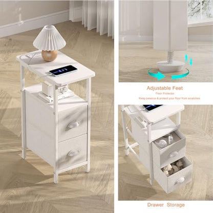 sthmec Narrow End Table with Charging Station, Narrow Side Table with 2 Fabric Drawers, LED End Table, Slim Nightstand with LED Light, Small Side Table for Small Spaces, Living Room, Bedroom, White - color: White, size: 7.87'' W x 15.75'' D x 24.37'' H, s