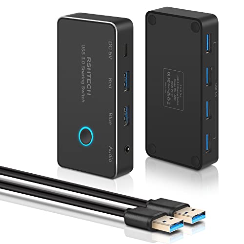 RSHTECH USB 3.0 Switch Selector Aluminum with 4 USB-3.0 Ports, 3.5mm Audio Jack, 2 Computers Sharing 5 Peripheral Devices, USB KM Switcher hub with 2 USB Cable for Keyboard, Mouse, Printer