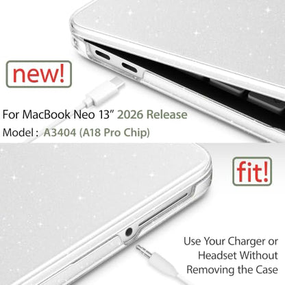 May Chen Compatible with MacBook Neo 13 inch Case 2026 Model A3404, Plastic Hard Shell,Keyboard Cover,Screen Protector,Dust Plug, for MacBook Neo 13" with A18 Pro Chip, Glitter Clear - color: Glitter Clear
