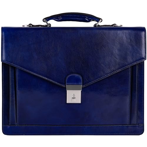 Time Resistance Leather Briefcase for Men - Business Laptop Bag - Italian Handmade Leather Bag - Attache - Gift Box Included - color: Blue