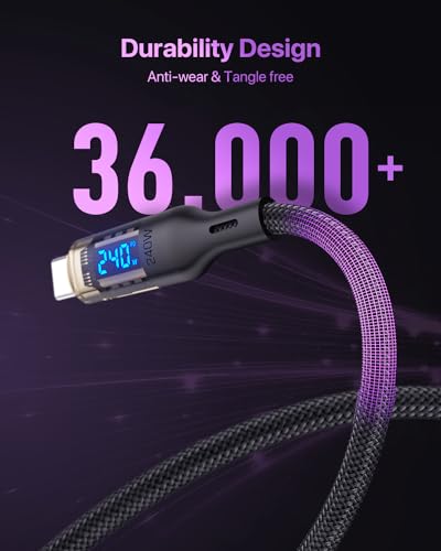 240W USB C to USB C Transparent Cable Compatible with 140W 100W Fast Charging Cable with LED Display for MacBook Pro,lPhone 16/15/15Pro/15ProMax,Galaxy S23+/S23 Ultra/S22,etc(4ft,Black) - size: 4Ft