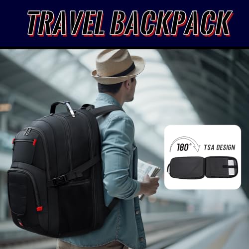 55L Gaming Laptop Backpack, Fits 18.4-19" Laptop, Black | 180° TSA-Friendly Carry On Design with Padded Laptop Compartment, Water-Resistant, Adjustable Strap, Handle for Men Women - color: Black, size: 18.4 Inch（21.6"x15.4"x9.8"）