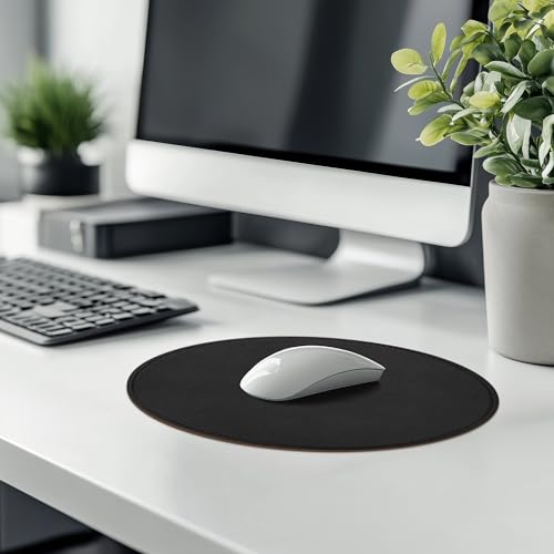 Mouse Pad，Round Mouse Pad，PU Mouse Pad，Leather Mouse Pad with Stitched Edge Micro-Fiber Base with Non-Slip Waterproof，Mouse Pad for Computers，Laptop，9 x 9 Inch (Black) - color: Black, size: 9L x 9W inches