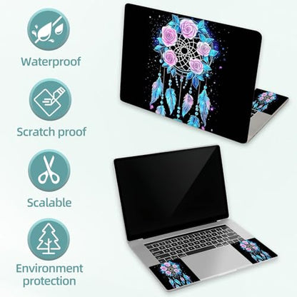 Universal Laptop Skin Decal, 3-Piece Vinyl Protector for 12 13 14 15.6" Notebook, Waterproof Anti-Scratch, Easy Trim & Bubble-Free Finish, Dreamcatcher with Pink Roses - color: Dreamcatcher with Pink Roses