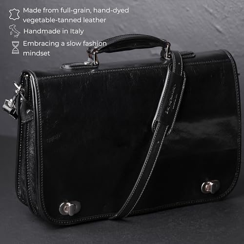 Time Resistance Leather Briefcase for Men - Italian Full Grain Leather Laptop Bag - Messenger Bag - Gift Box Included - color: Black