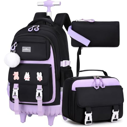 DIGOBAY Rolling Backpack for Girls, Roller Bag with Lunch Box Pencil case | Kawaii Girls Roller Backpack With Wheels School Bookbag With Cute Pins for Elementary Middle School, Black Purple - color: Blackpurple