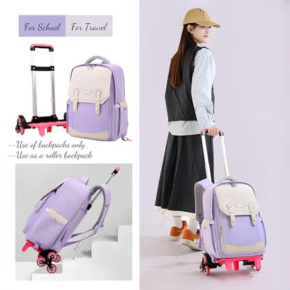 Pink Rolling Backpack for Girls Kids School Backpack with Wheels for Girls, Roller Trolley School Bags for Primary Students, Wheeled Bookbags on 6 Wheels, Pink - color: 6 Wheels Pink