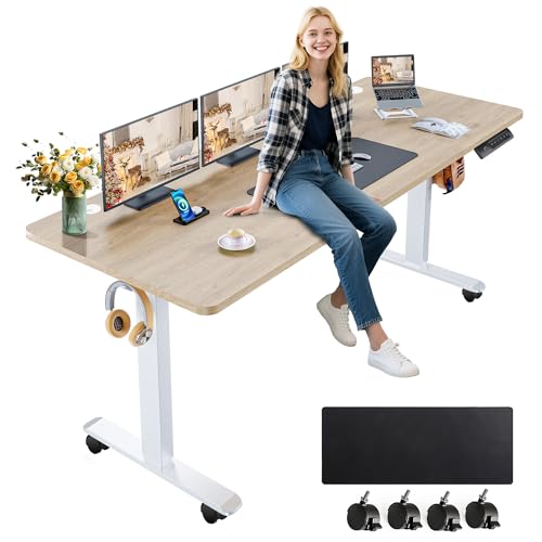 farexon Electric Standing Desk Adjustable Height, 63x24 Inches Computer Desk with Rolling Wheels, Mouse Pad,Multifunctional Stand up Desk for Home/Office(Oak Gray) - color: Oak Grey, size: 63 x 24''