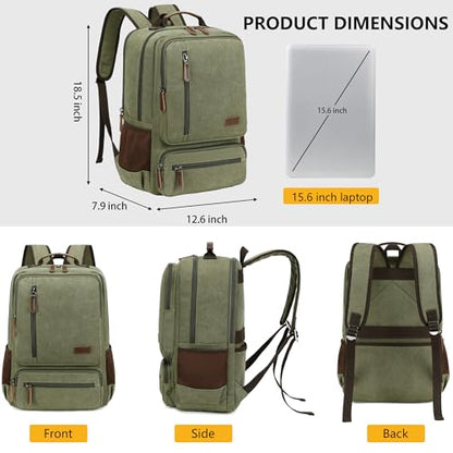 Canvas Laptop Backpack for Men Women,Durable Travel Work Business Rucksack Bookbags Fits 15.6 Inch Notebook & Laptops,College Backpacks Computer Bag Weekender Hiking Daypack(Green) - color: Green