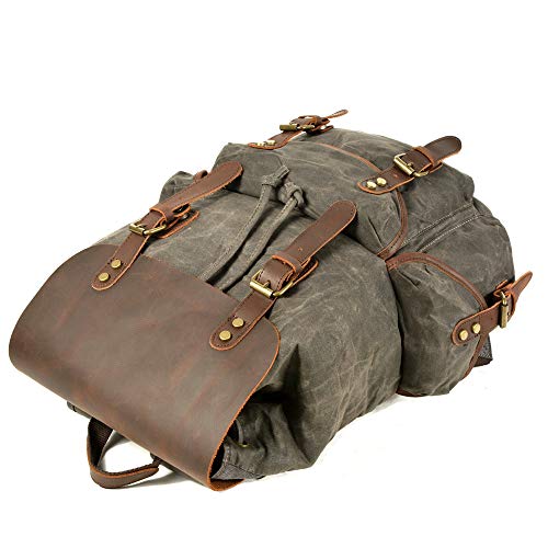 WUDON Leather Backpack for Men, Waxed Canvas Shoulder Rucksack Carry-On Travel Backpack - color: Grey-regular