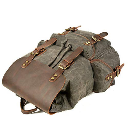 WUDON Leather Backpack for Men, Waxed Canvas Shoulder Rucksack Carry-On Travel Backpack - color: Grey-regular