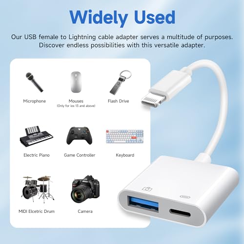 [Apple MFi Certified] Lightning to USB 3.0 Camera Adapter with Charging Port, High Speed OTG Adapter for iPhone iPad, Support SD Card Reader, 4K Video Transfer, MIDI Keyboard, Mic, Flash Drive, Mouse - style: Lightning+Charging
