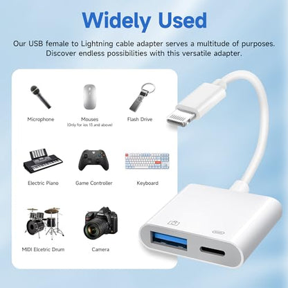 [Apple MFi Certified] Lightning to USB 3.0 Camera Adapter with Charging Port, High Speed OTG Adapter for iPhone iPad, Support SD Card Reader, 4K Video Transfer, MIDI Keyboard, Mic, Flash Drive, Mouse - style: Lightning+Charging