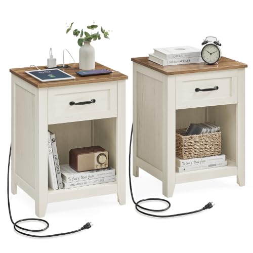 VASAGLE LIRY Collection - Farmhouse Nightstands with Charging Station, Set of 2 Bedside Tables, Side Tables with Drawer, Open Compartment, for Bedroom, Rustic White and Honey Brown ULET859K41 - color: Rustic White + Honey Brown, size: 2 PACK, style: 17.7"