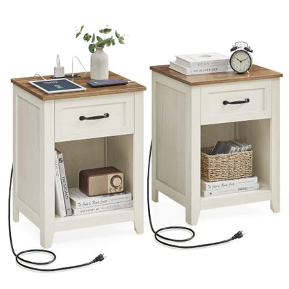 VASAGLE LIRY Collection - Farmhouse Nightstands with Charging Station, Set of 2 Bedside Tables, Side Tables with Drawer, Open Compartment, for Bedroom, Rustic White and Honey Brown ULET859K41 - color: Rustic White + Honey Brown, size: 2 PACK, style: 17.7"