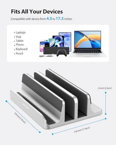 AboveTEK Vertical Laptop Stand, 3 Slots Aluminum Desk Laptop Holder & Laptop Docking Station Stand for MacBook, Tablet, Phone - Universal Fit (Up to 17.3") - Heavy Duty Polished, Anti Slide - Silver - color: Silver