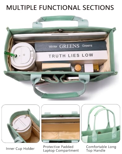Canvas Tote Bag for Women,Women's Bags Crossbody Bags Work Laptop Tote Bag Large Handbags Purse for Travel Nurse Teacher - color: Green With Compartments