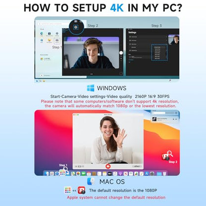 AOC 4K Webcam for PC, Streaming Computer Camera with Noise-Canceling Mic | 90° FOV, Privacy Cover, Plug & Play, Zoom/Skype/FaceTime Compatible, Works with Mac/Laptop/Switch 2, USB C-A Adapter Included - color: Black