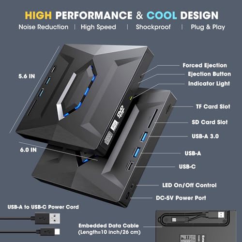 ROOFULL External CD DVD Drive with USB 3.0/Type-C Hub, SD Reader & Case | 7 in 1 Portable CD/DVD ROM +/-RW Drive Burner Player Writer for Laptop Desktop PC Windows 11/10/7, Mac, Linux - style: 7 In 1 Drive + Carrying Case