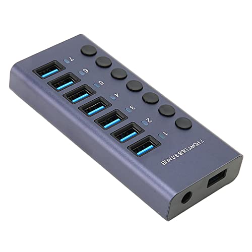 USB 3.0 Hub 7 Ports 5Gbps Fast Transfer Docking Station 5V 2.4A 36W USB 3.0 Splitter with Blue LED Indicator for PC Phone 100-240V (US Plug)