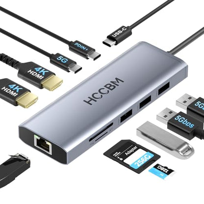 USB C Laptop Docking Station Dual HDMI Monitor, 10-in-1 USBC Hub Dongle Dock with 2 HDMI 4K@60Hz, PD Charging, SD/Micro SD for Laptop MacBook/HP/Dell/Surface/Thinkpad… - color: Gray