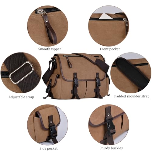 15.6 Inch Laptop Messenger Bag for Men Women, Canvas Computer Shoulder Bag, Work Briefcase for Business College Travel | Anti-theft Design - color: Coffee