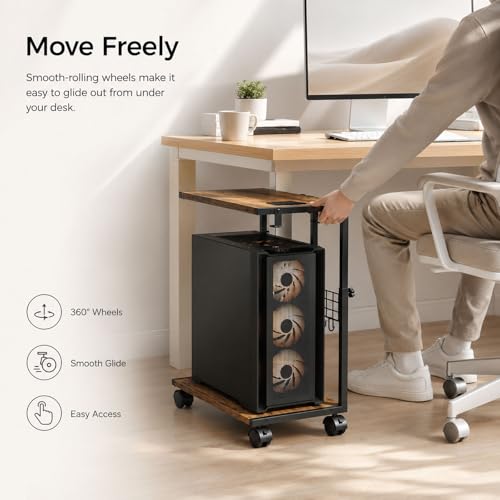 PC Stand with Charging Station, Height Adjustable Computer Tower Stand, 19.7"-31.5" H, Computer Cart with Wheels and Hooks, CPU Holder for Floor, Carpet and Under Desk, Rustic Brown - color: Rustic Brown