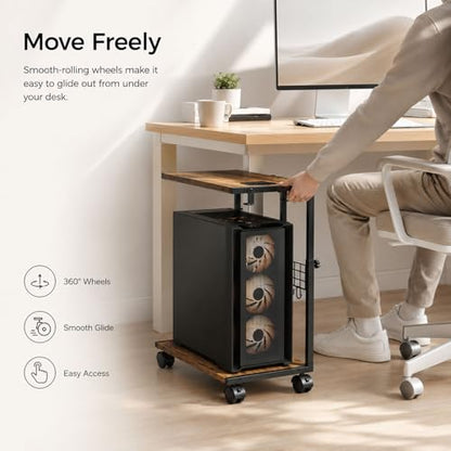 PC Stand with Charging Station, Height Adjustable Computer Tower Stand, 19.7"-31.5" H, Computer Cart with Wheels and Hooks, CPU Holder for Floor, Carpet and Under Desk, Rustic Brown - color: Rustic Brown