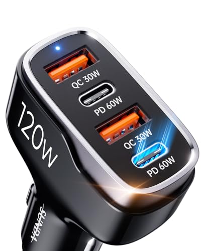 SUNDA 120W USB C Fast Car Charger, 4-Port (2 USB-C + 2 USB A) PD 3.0/60W, PPS QC 3.0, Charging for Family & Road Trip, Cigarette Lighter Adapter for iPhone/Samsung Galaxy/Google Pixel/iPad