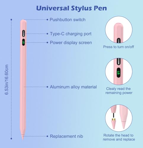 MoKo Stylus Pens for Touch Screens, Fast Charge Stylus Pen for Apple iPad/iPhone/Samsung/Lenovo/iOS/Android Tablets&Smart Phone Universal Stylus Capacitive Screen Pencil with Power Display, Pink - color: Pink