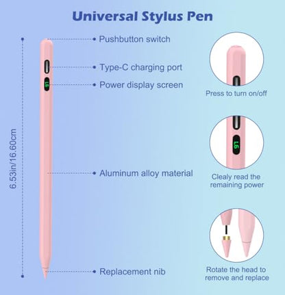 MoKo Stylus Pens for Touch Screens, Fast Charge Stylus Pen for Apple iPad/iPhone/Samsung/Lenovo/iOS/Android Tablets&Smart Phone Universal Stylus Capacitive Screen Pencil with Power Display, Pink - color: Pink