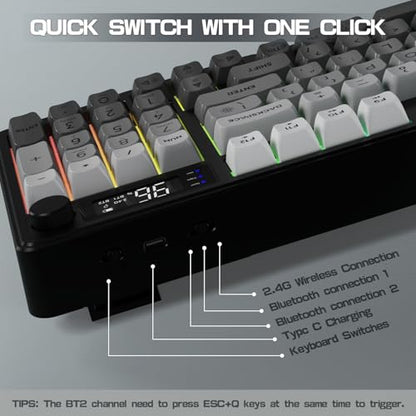 LexonElec M96 Wireless Keyboard, Low Profile Quiet Typing Membrane Gaming Keyboard with Smart Display & Knob, RGB Backlit, USB C Rechargeable, 94 Keys PBT Keycap for Windows PC,Mac,Linux-Moonlit Night - color: Moonlit night