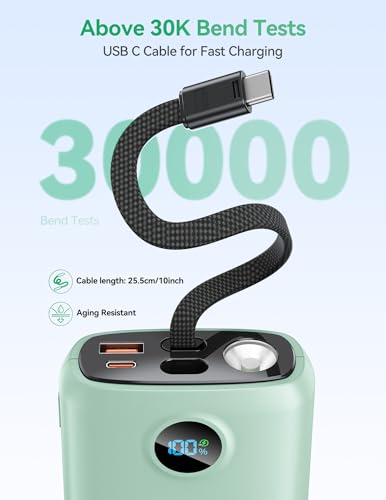 DIAMUAR Portable Charger 20000mAh 45W, Built in USB C Cable, 3W Flashlight | Fast Charging, Digital Display, 3 Ports, All-Day Power, Travel-Ready, for iPhone 17/16/15, Tablet, Laptop, Camping Essentials - color: Green