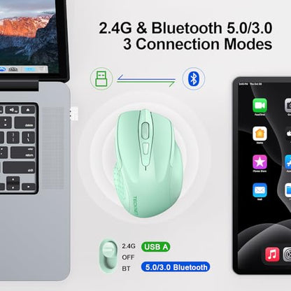 TECKNET Wireless Mouse, BT 5.0/2.4G, Rechargeable 6-DPI Silent, Green | Bluetooth 5.0/3.0 & USB A, 2-Device Easy Switch, Wide OS Compatible, 6 Buttons, 6-DPI up to 4800, Ergonomic for S to M Hands - color: Green