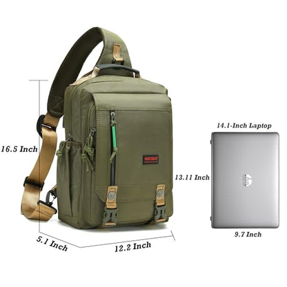 NICGID Sling Bags Chest Shoulder Backpacks, Laptop Backpack Crossbody Messenger Bag Travel Outdoor Men Women - color: Army Green, size: 14.1 inch